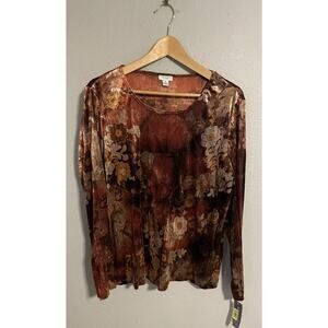 Vintage Womens Top 1X Floral Velvet Burnout Stretch Long Sleeve Fairy Y2K NWT